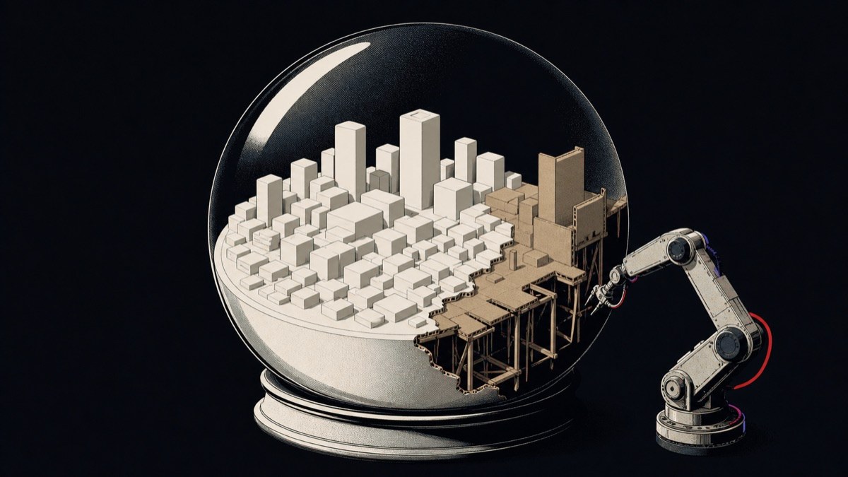 Ilustración satírica de una ciudad perfecta dentro de una simulación cuyo borde queda sin terminar