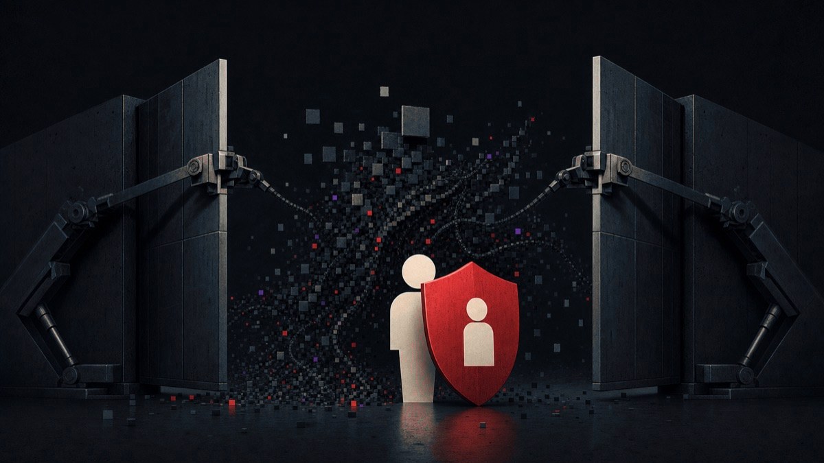 Ilustración editorial sobria de un escudo que protege una identidad abstracta frente a una criatura de píxeles invasiva