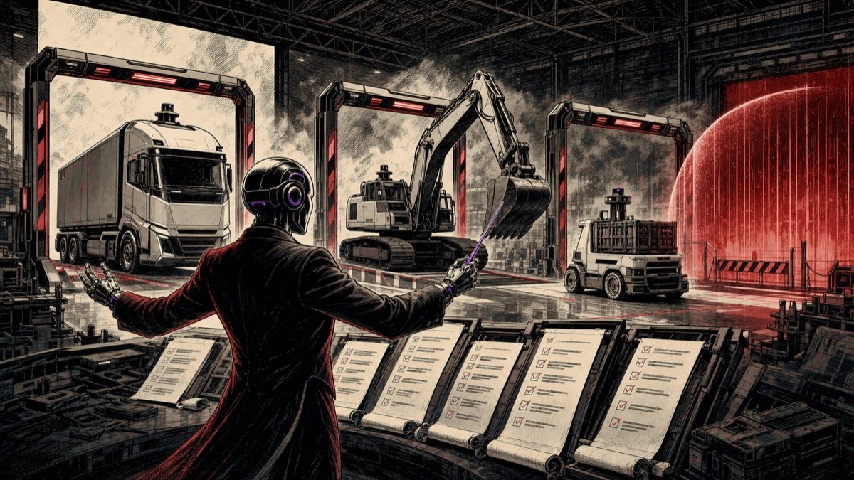 Un agente dirige camiones, excavadoras y robots industriales a través de controles de validación y una barrera de seguridad
