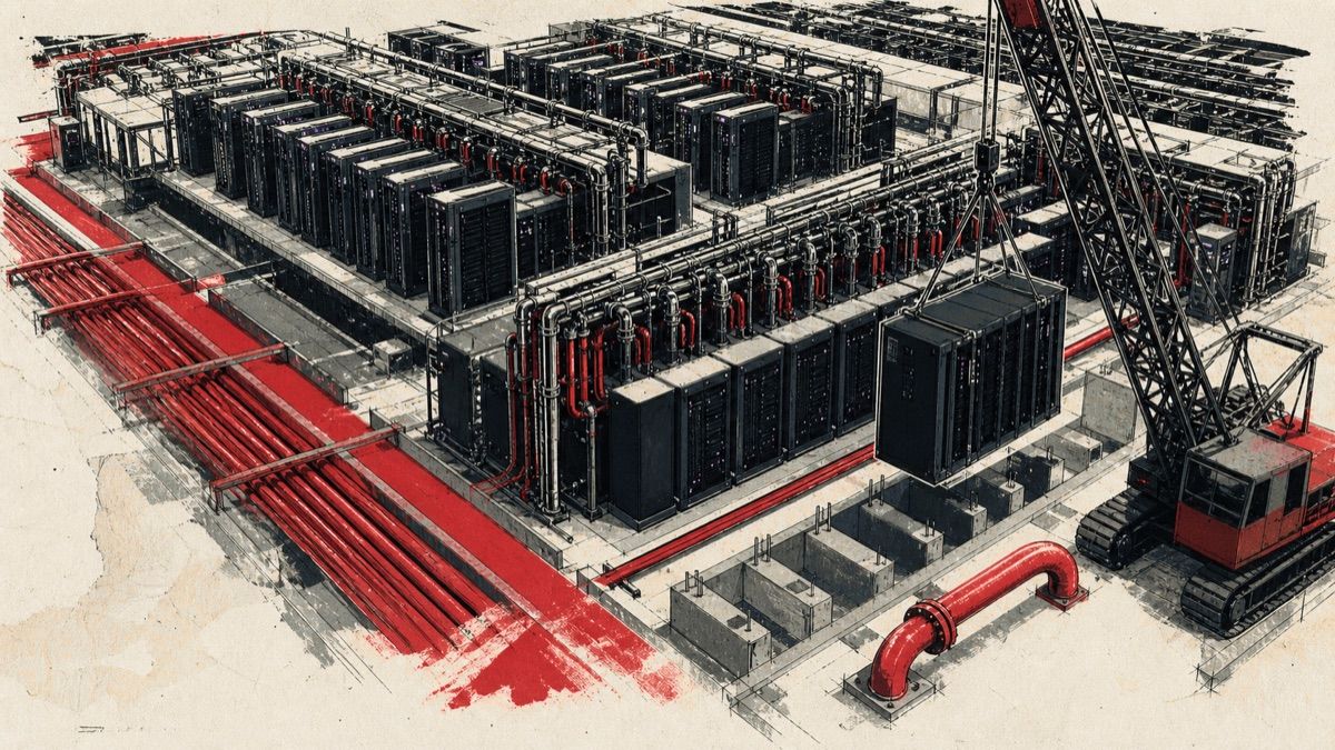Una gran planta de servidores refrigerados por tuberías rojas sigue en construcción mientras una grúa coloca un nuevo módulo sobre cimentaciones vacías