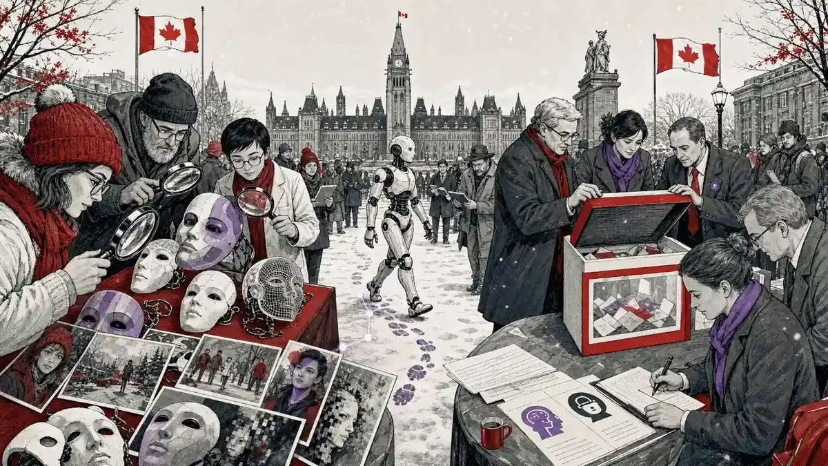 Ciudadanos canadienses inspeccionan máscaras sintéticas y las huellas de un agente de inteligencia artificial junto a una urna pública