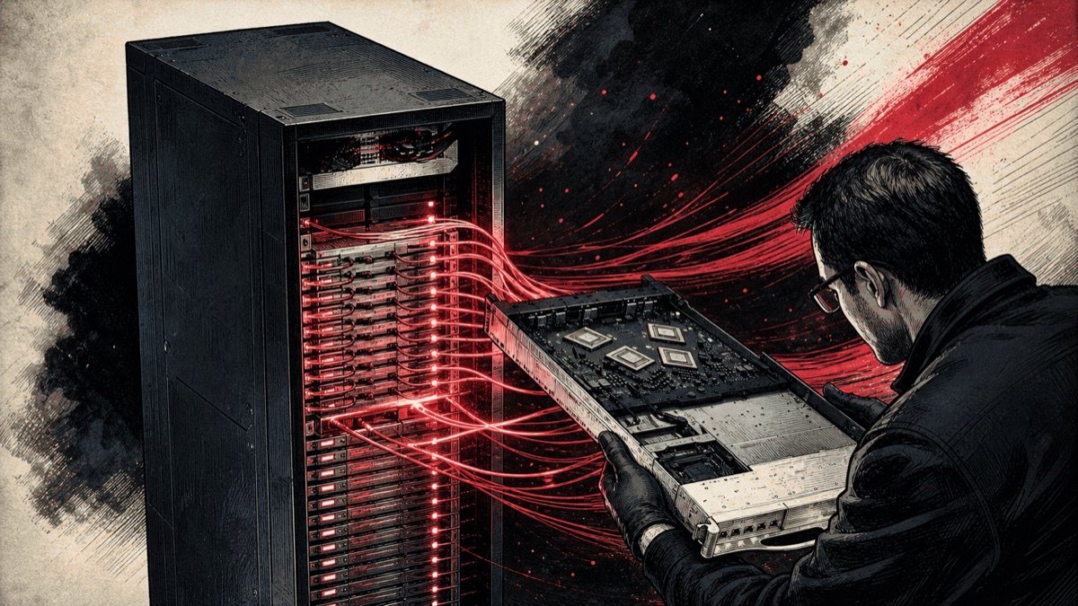 Un rack de cálculo y una bandeja de conmutación quedan unidos por una red roja densa que mantiene el flujo entre muchas GPU
