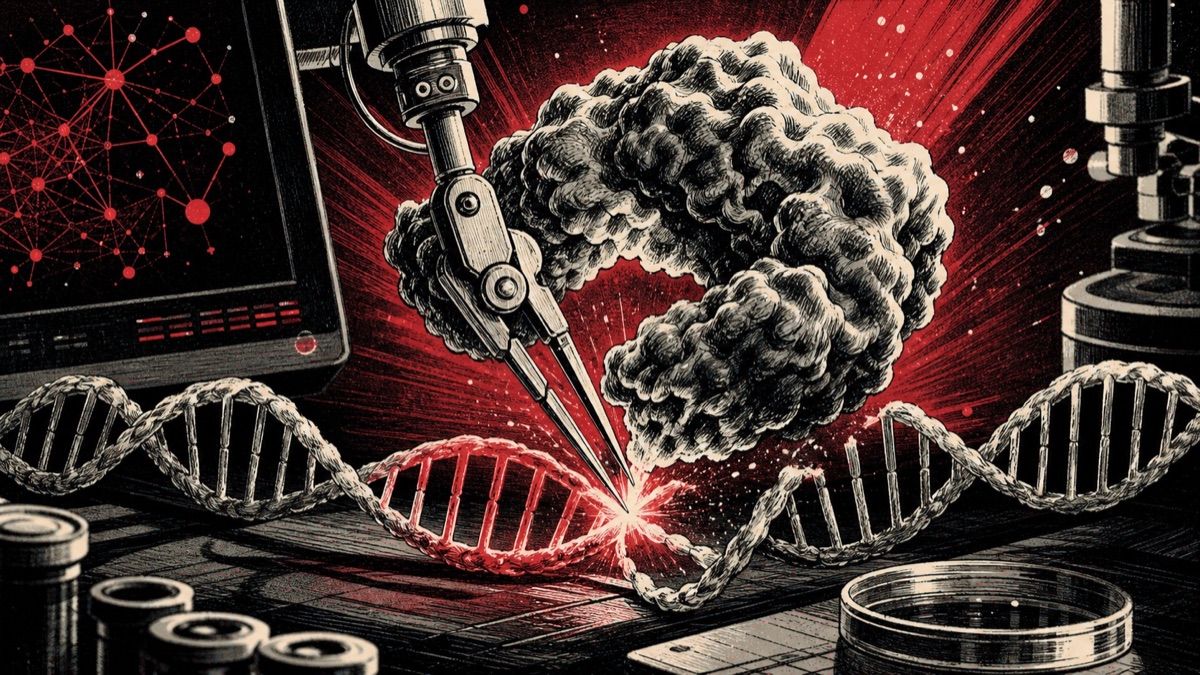Una proteína con forma de tijera molecular corta una hélice de ADN bajo la guía de instrumentos de laboratorio y un sistema de IA