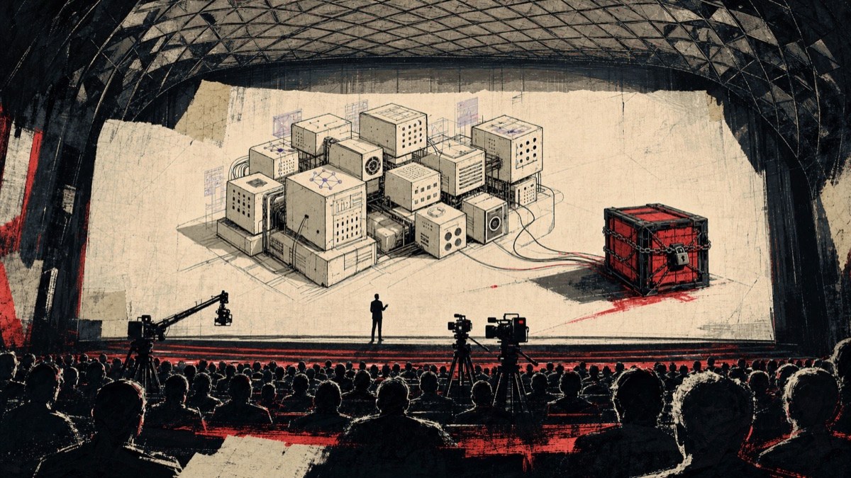 Un gran auditorio de inteligencia artificial contempla un modelo modular en pantalla mientras una caja roja permanece cerrada a un lado del escenario
