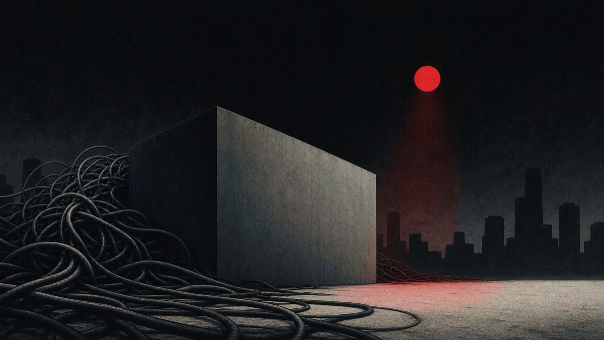 Ilustración satírica de un centro de datos detenido ante una señal roja mientras sus cables se anudan