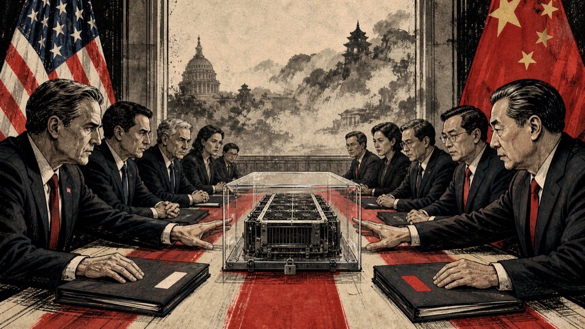 Delegaciones de Estados Unidos y China se observan alrededor de una mesa con un módulo de cómputo sellado en el centro