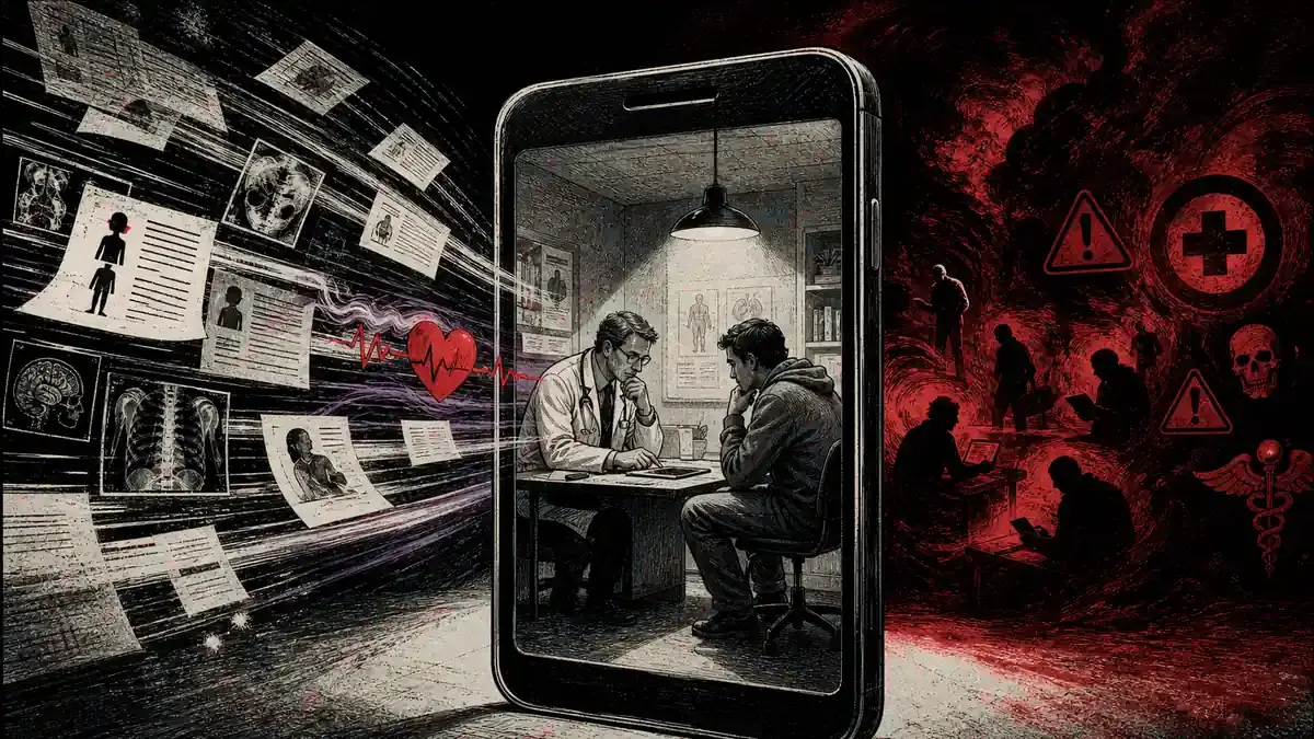 Una persona consulta su historial médico ante un asistente digital rojo mientras un médico observa desde una puerta abierta
