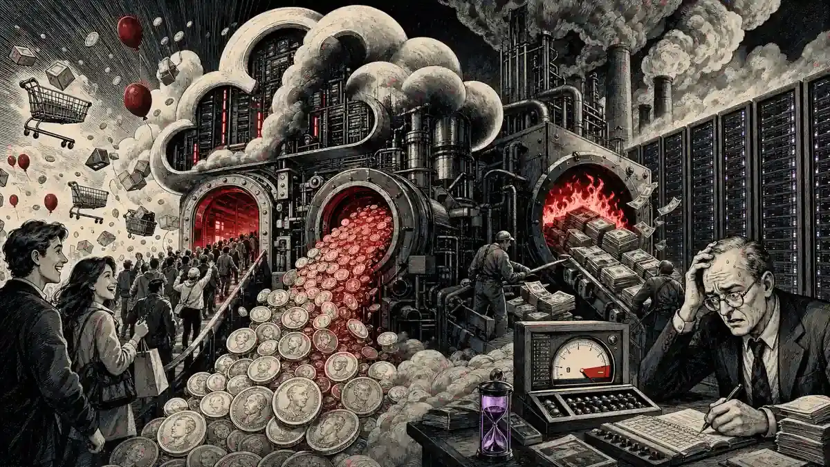 Una fábrica de nube atrae clientes y produce monedas mientras otra línea quema billetes para alimentar servidores de inteligencia artificial