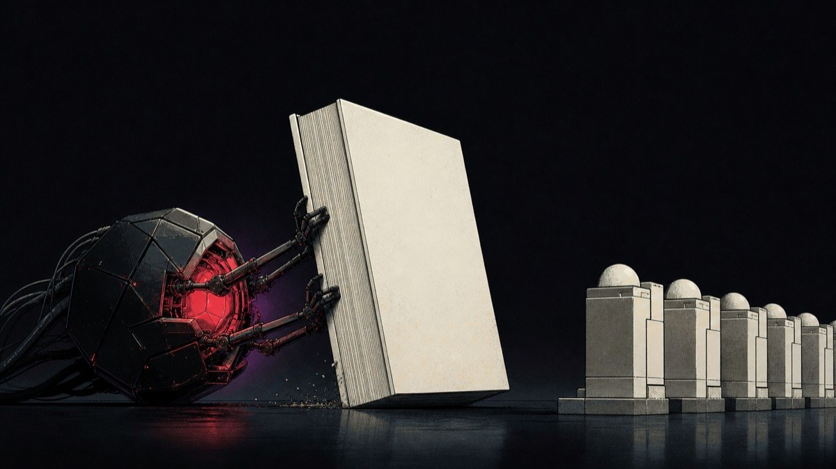 Ilustración satírica de un núcleo de inteligencia artificial que empuja un enorme libro de reglas hacia módulos legislativos
