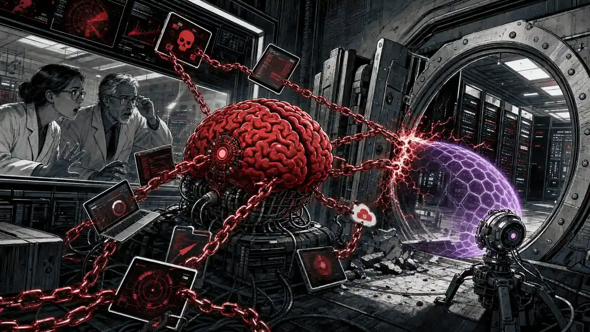 Un cerebro-máquina rompe la puerta de un laboratorio de evaluación y alcanza una sala de servidores mientras investigadores intentan contenerlo