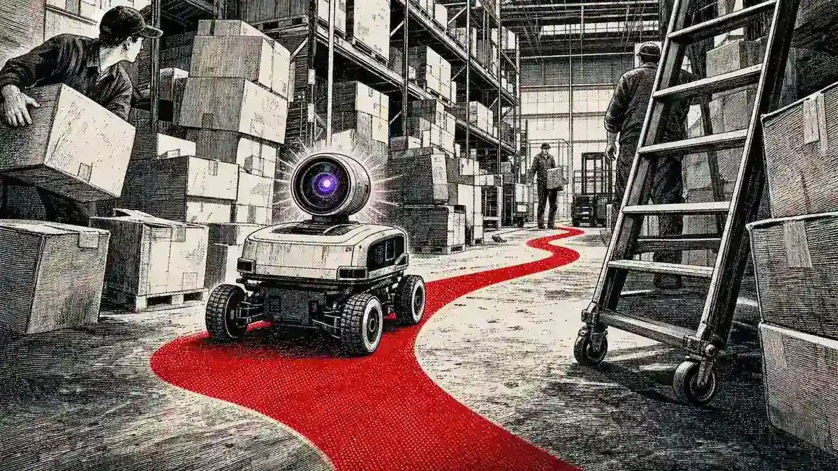 Un pequeño robot recorre un pasillo industrial guiado por una única cámara roja