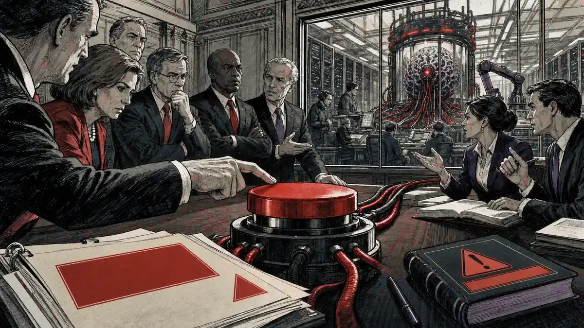 Legisladores debaten alrededor de un gran botón rojo conectado a un sistema de inteligencia artificial dentro de un centro de control
