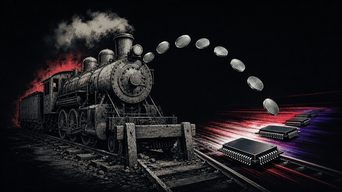 Ilustración satírica de pequeños chips eficientes que adelantan a una locomotora de entrenamiento