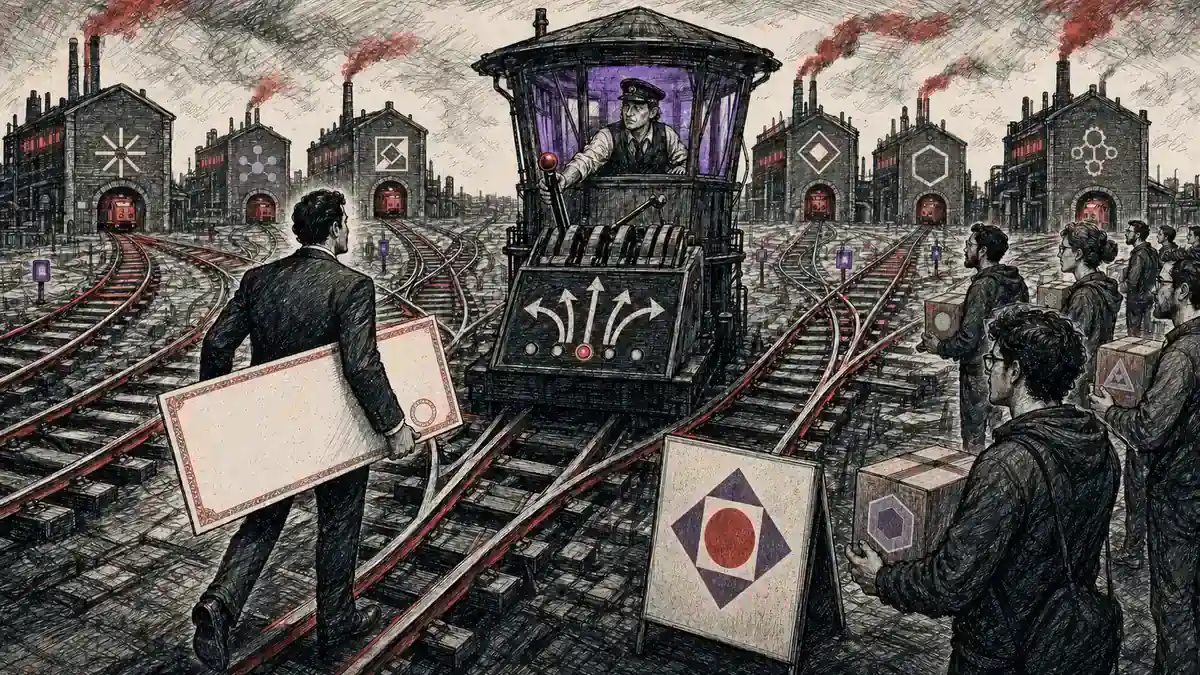 Un guardagujas financiero dirige trenes de modelos de inteligencia artificial por múltiples vías hacia una caja de pagos