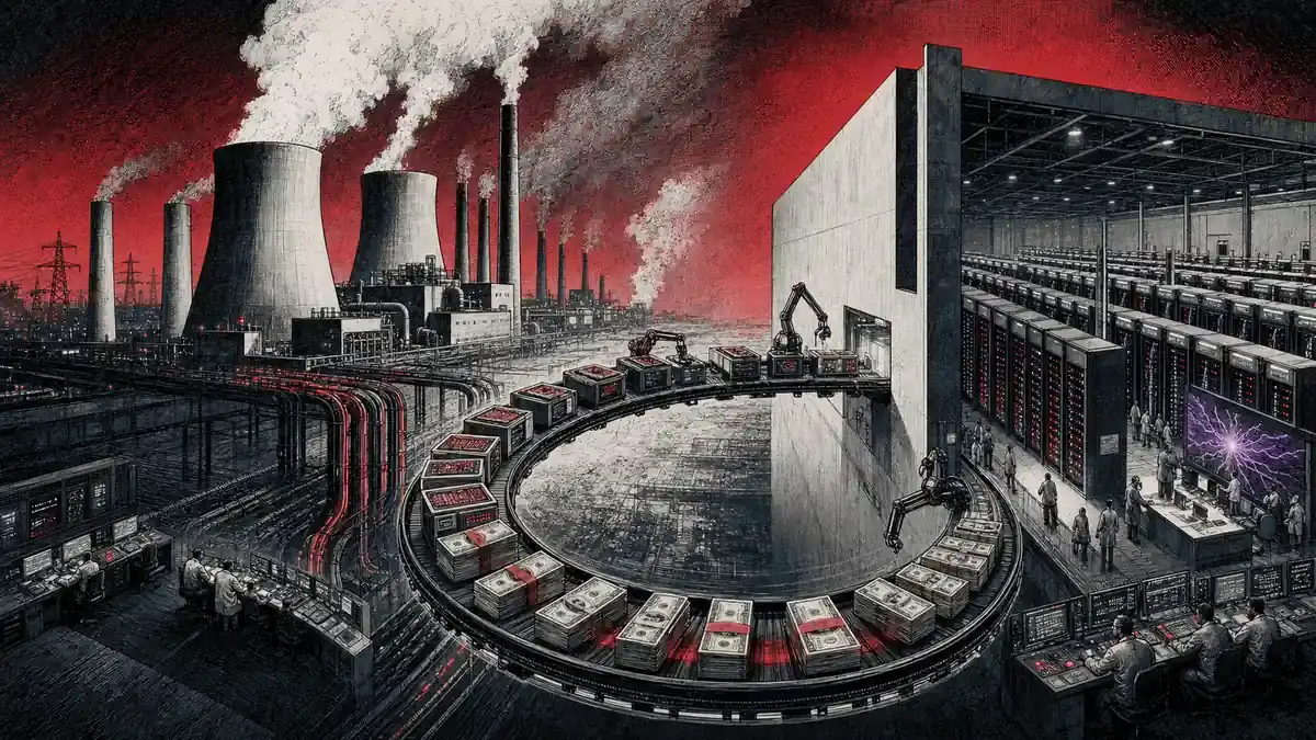 Un laboratorio de inteligencia artificial y una fábrica de chips conectan dos enormes centrales de cómputo mediante cables rojos
