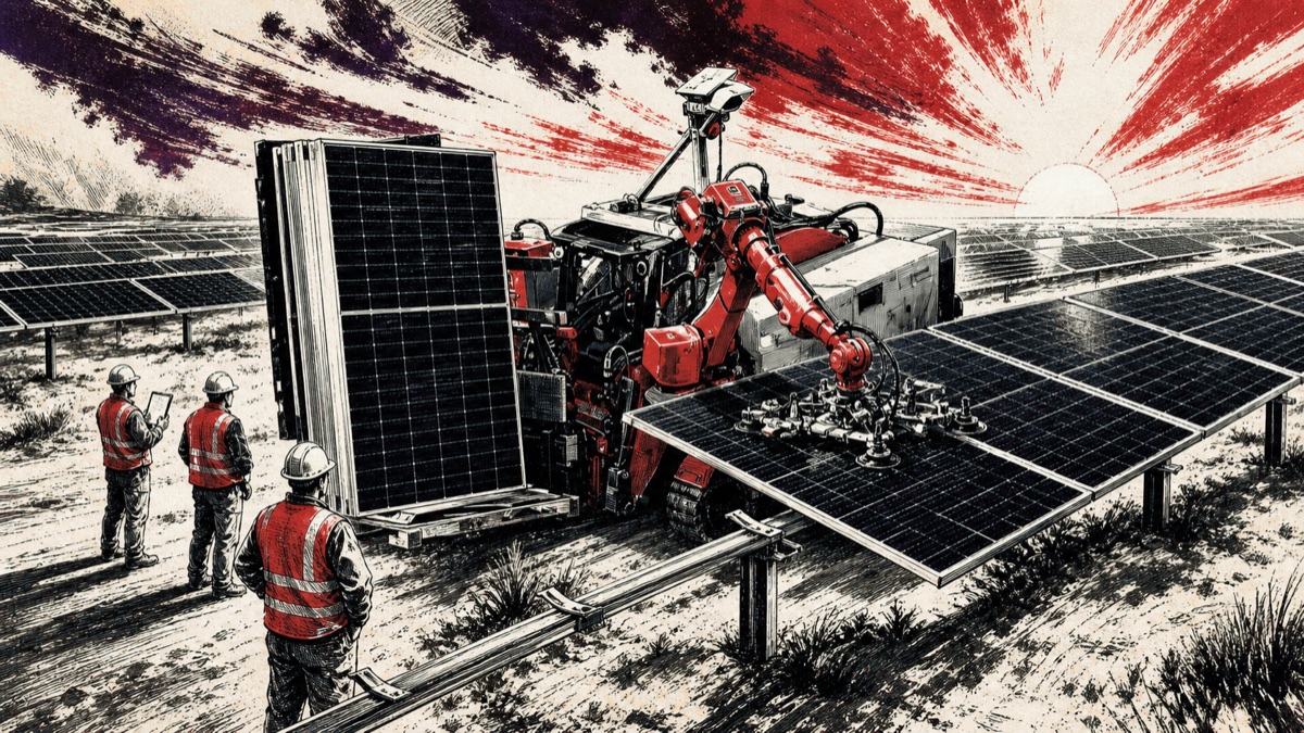 Un robot industrial instala paneles solares en una gran planta mientras una pequeña cuadrilla supervisa el trabajo