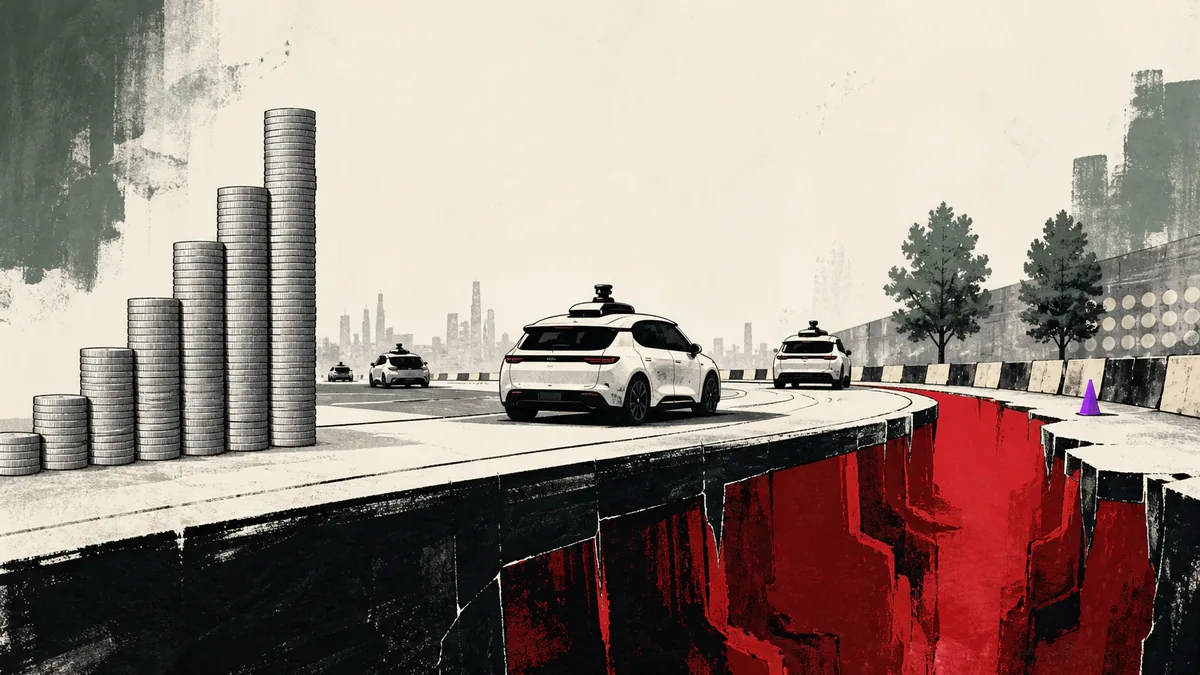 Una flota de robotaxis circula por una ciudad mientras un panel financiero contrapone crecimiento e ingresos con pérdidas