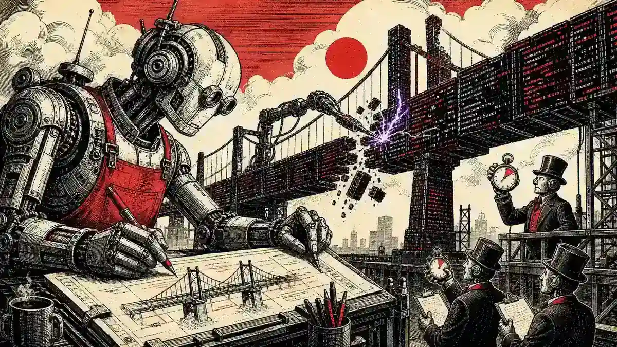 Un ingeniero y un asistente robótico programan juntos ante una fábrica de procesadores rojos