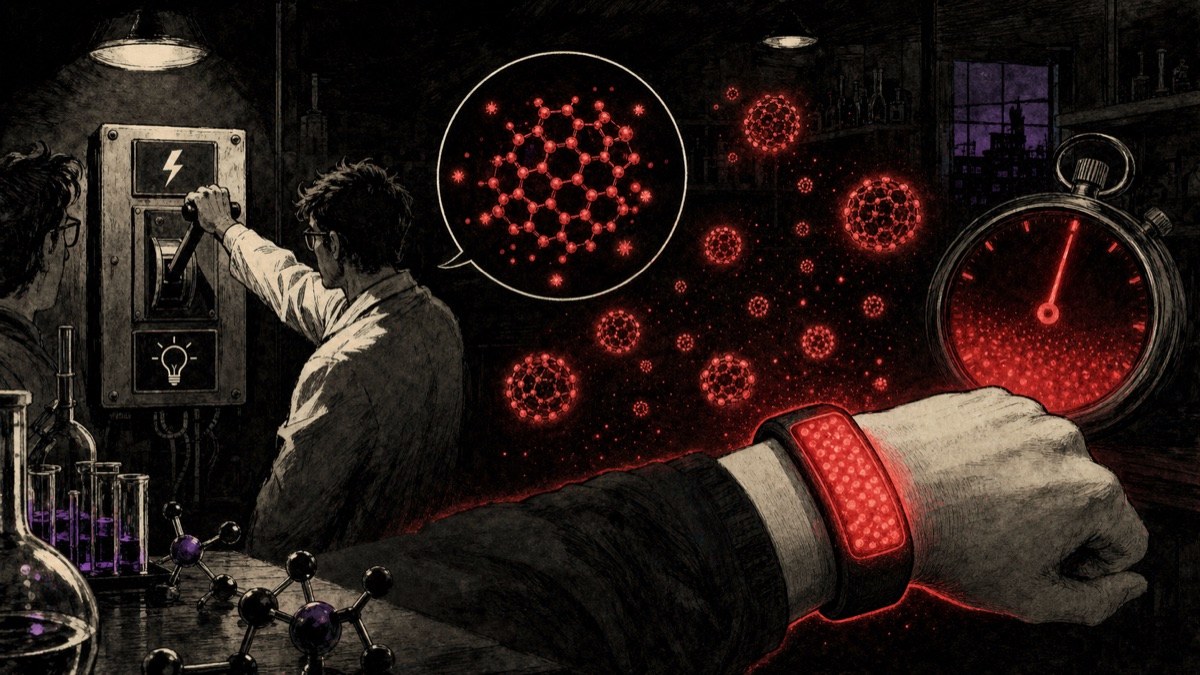 Nanodots rojos continúan iluminando un brazalete en un laboratorio después de que un investigador corte la corriente