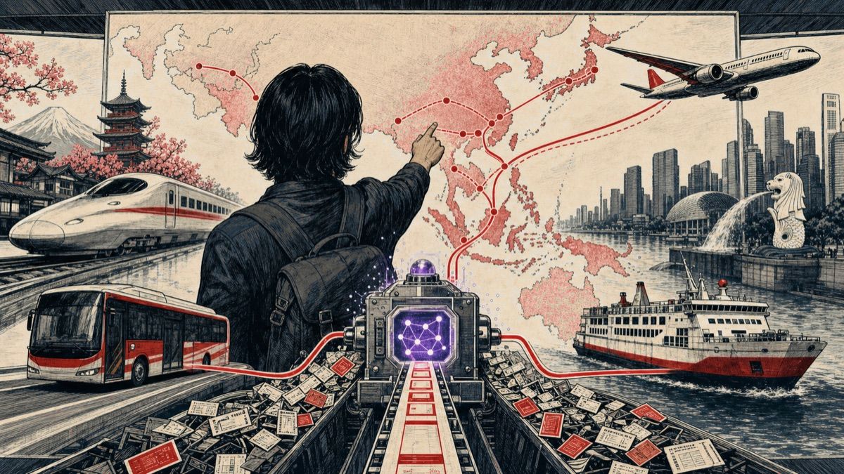 Un viajero organiza tren, autobús, ferry y avión en Asia mediante una máquina de rutas que ordena una montaña de billetes