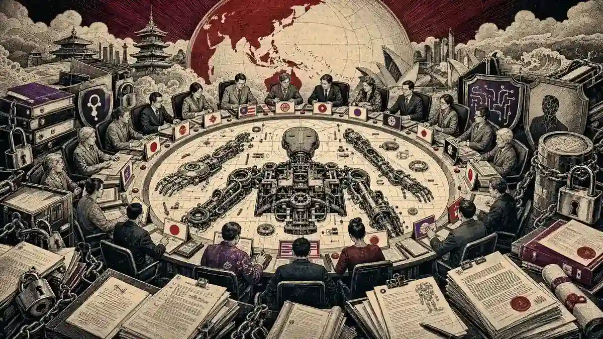 Representantes tecnológicos ensamblan un modelo de inteligencia artificial abierto sobre una mesa rodeada de controles de seguridad y documentos públicos