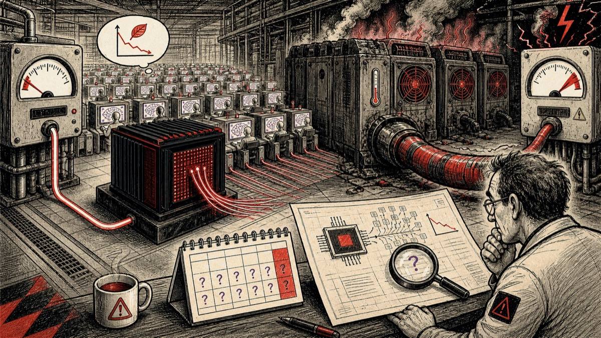 Un chip compacto alimenta muchos terminales con un cable fino mientras procesadores antiguos se recalientan conectados a una enorme toma eléctrica