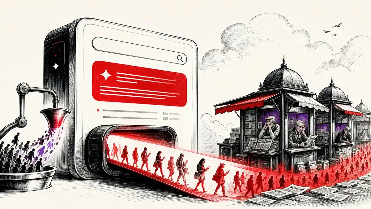 Una gran máquina de búsqueda sirve respuestas de inteligencia artificial mientras el flujo de lectores evita varios kioscos de prensa