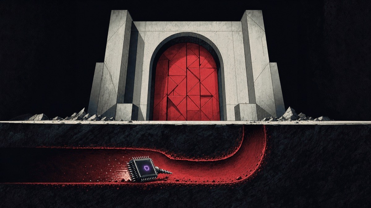 Ilustración satírica de un pequeño chip que excava un túnel bajo una gran barrera comercial abstracta