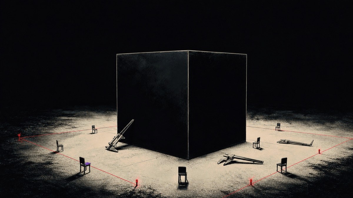 Ilustración satírica de calibradores y sillas vacías intentando medir una enorme caja negra de inteligencia artificial